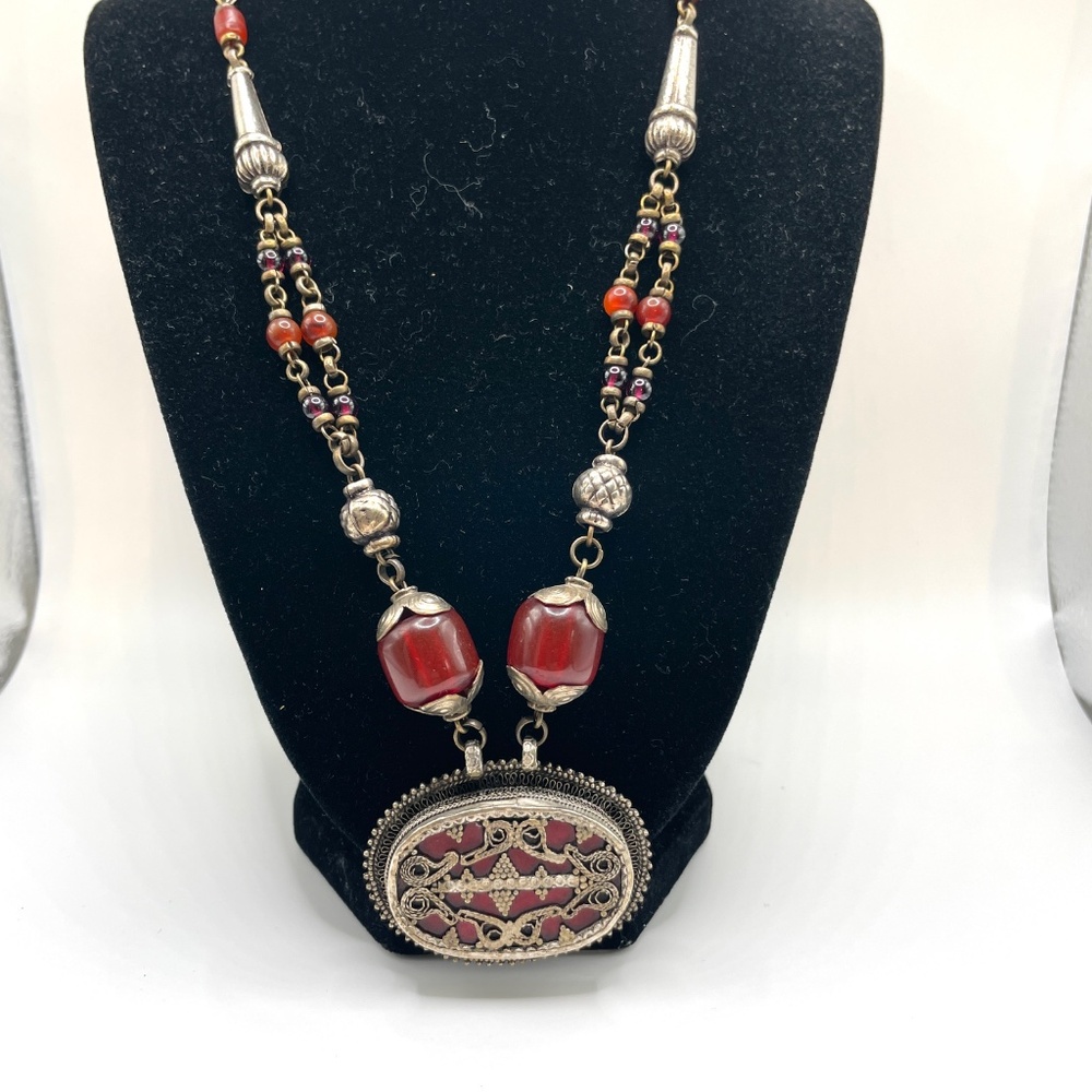 Vintage Tibetan Style Red Beaded Filigree Pendant Necklace Silver Tone Brass